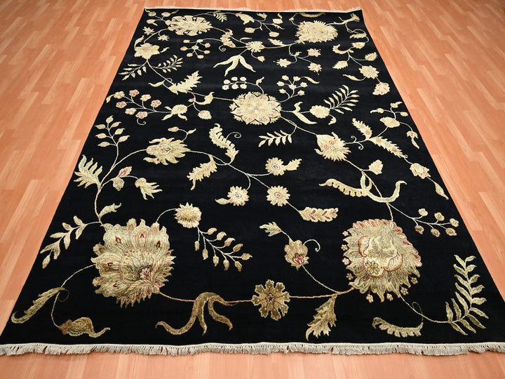 8'0" x 9'11" New Hand Knotted Black Wool & Silk Rectangle Oriental Rug - MOA10275587