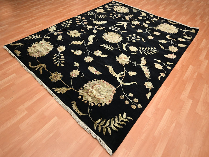 8'0" x 9'11" New Hand Knotted Black Wool & Silk Rectangle Oriental Rug - MOA10275587