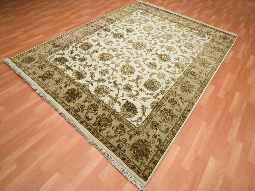 7'8" x 10'0" New Hand Knotted Ivory Wool & Silk Rectangle Oriental Rug - MOA10275589