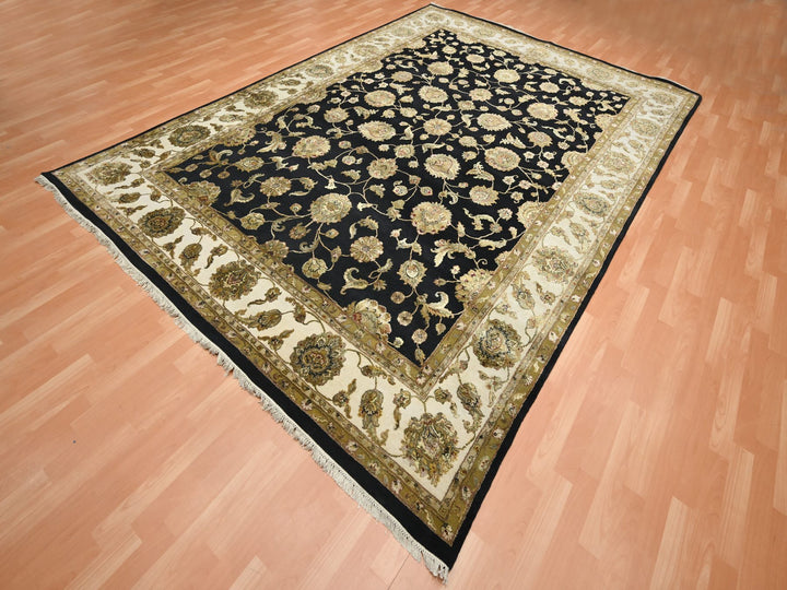 8'7" x 12'1" New Hand Knotted Black Wool & Silk Rectangle Oriental Rug - MOA10275591