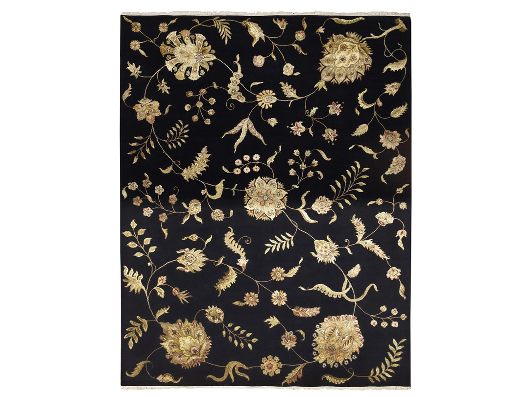 9'2" x 11'8" New Hand Knotted Black Wool & Silk Rectangle Oriental Rug - MOA10275593