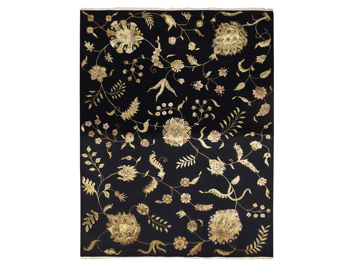 9'2" x 11'8" New Hand Knotted Black Wool & Silk Rectangle Oriental Rug - MOA10275593