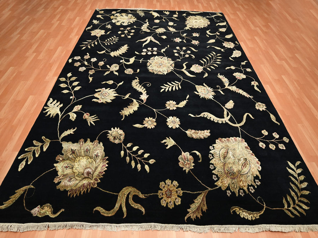 9'2" x 11'8" New Hand Knotted Black Wool & Silk Rectangle Oriental Rug - MOA10275593