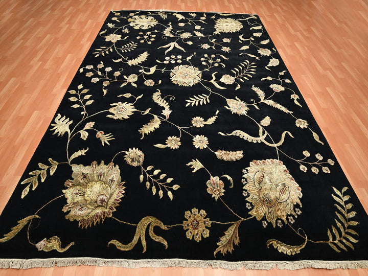 9'2" x 11'8" New Hand Knotted Black Wool & Silk Rectangle Oriental Rug - MOA10275593