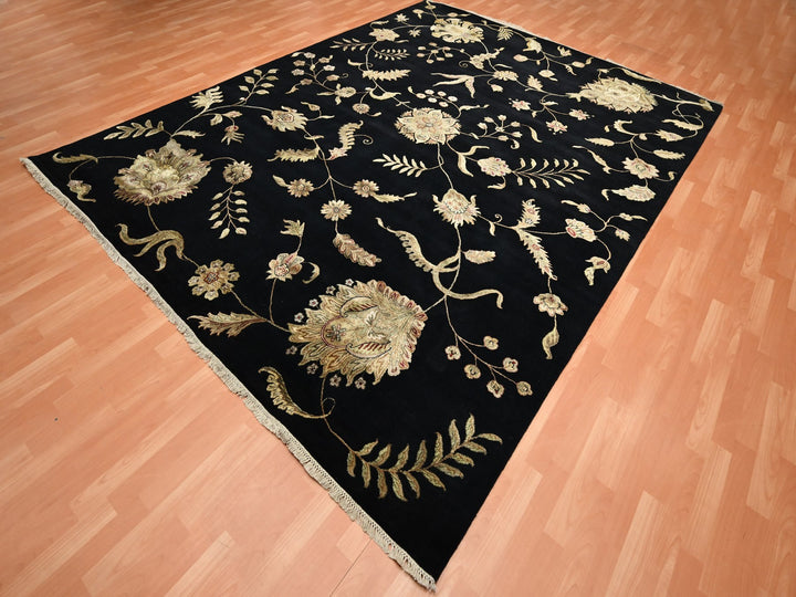 9'2" x 11'8" New Hand Knotted Black Wool & Silk Rectangle Oriental Rug - MOA10275593