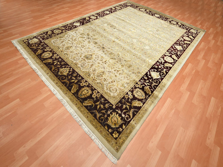 8'9" x 12'1" New Hand Knotted Ivory Wool & Silk Rectangle Oriental Rug - MOA10275597
