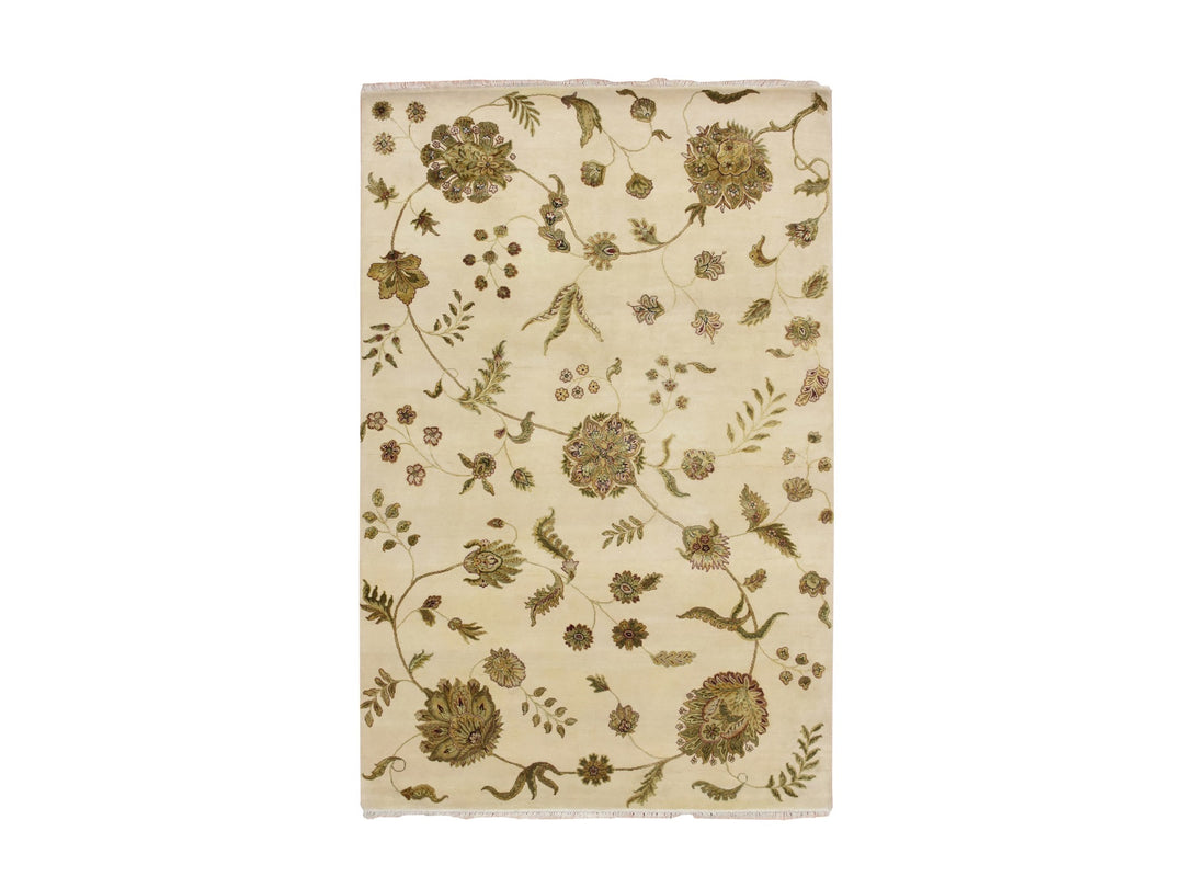 5'11" x 8'11" New Hand Knotted Ivory Wool & Silk Rectangle Oriental Rug - MOA10275600