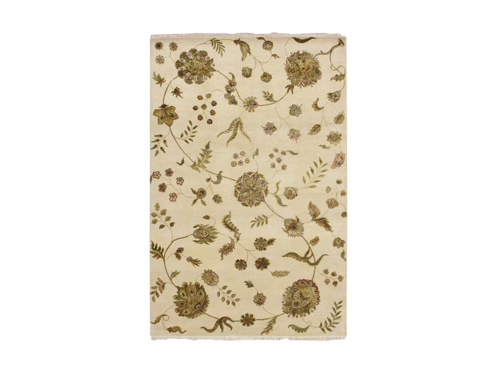 5'11" x 8'11" New Hand Knotted Ivory Wool & Silk Rectangle Oriental Rug - MOA10275600