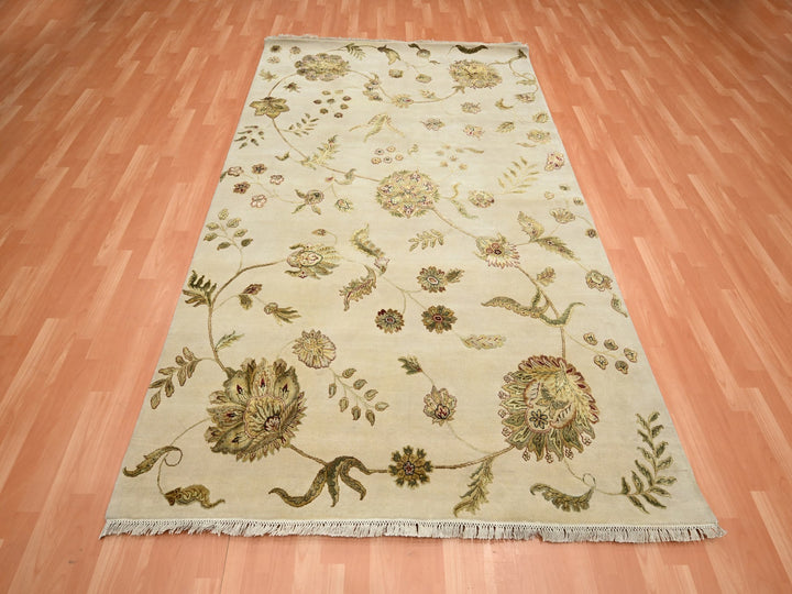 5'11" x 8'11" New Hand Knotted Ivory Wool & Silk Rectangle Oriental Rug - MOA10275600