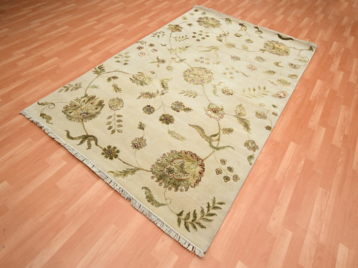 5'11" x 8'11" New Hand Knotted Ivory Wool & Silk Rectangle Oriental Rug - MOA10275600