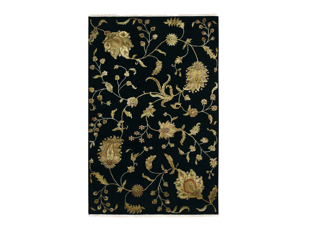 5'10" x 8'10" New Hand Knotted Black Wool & Silk Rectangle Oriental Rug - MOA10275601