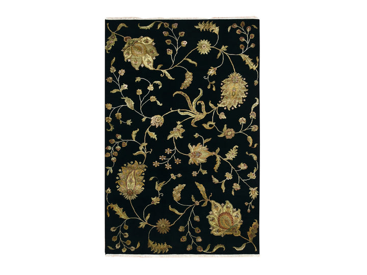 5'10" x 8'10" New Hand Knotted Black Wool & Silk Rectangle Oriental Rug - MOA10275601