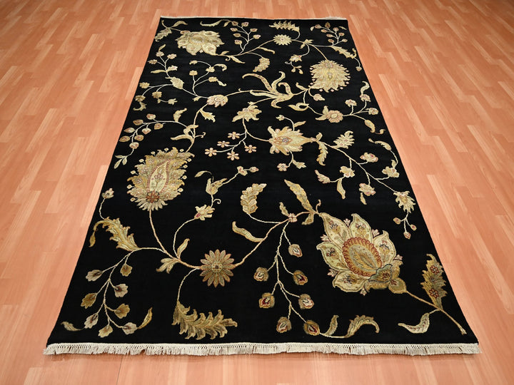 5'10" x 8'10" New Hand Knotted Black Wool & Silk Rectangle Oriental Rug - MOA10275601