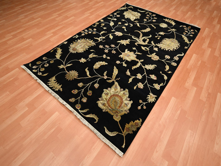 5'10" x 8'10" New Hand Knotted Black Wool & Silk Rectangle Oriental Rug - MOA10275601