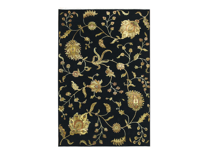 6'0" x 8'10" New Hand Knotted Black Wool & Silk Rectangle Oriental Rug - MOA10275602