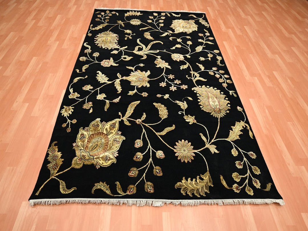 6'0" x 8'10" New Hand Knotted Black Wool & Silk Rectangle Oriental Rug - MOA10275602