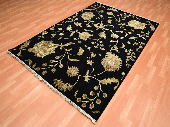 6'0" x 8'10" New Hand Knotted Black Wool & Silk Rectangle Oriental Rug - MOA10275602
