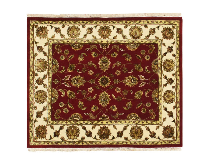 4'2" x 4'11" New Hand Knotted Red Wool & Silk Square Oriental Rug - MOA10275605