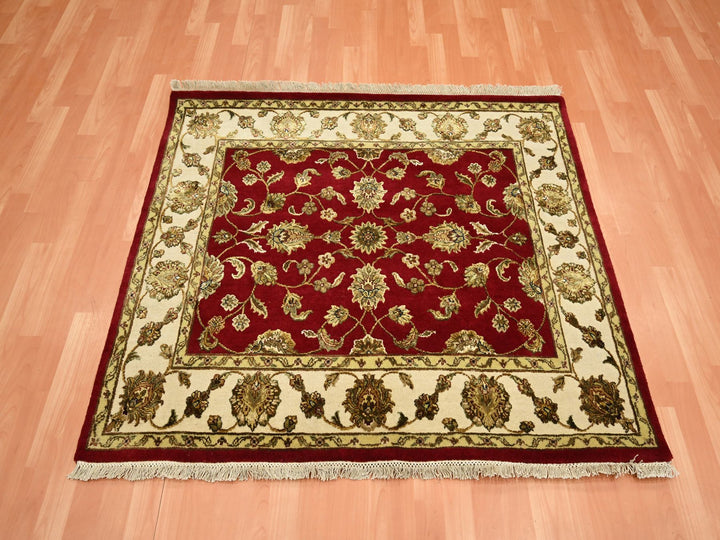 4'2" x 4'11" New Hand Knotted Red Wool & Silk Square Oriental Rug - MOA10275605