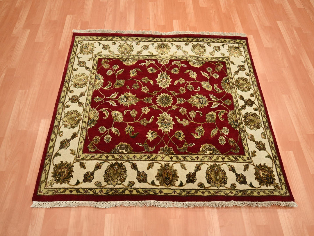 4'1" x 4'11" New Hand Knotted Red Wool & Silk Square Oriental Rug - MOA10275606