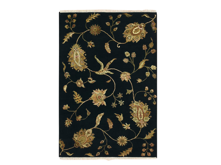 4'1" x 6'1" New Hand Knotted Black Wool & Silk Rectangle Oriental Rug - MOA10275608