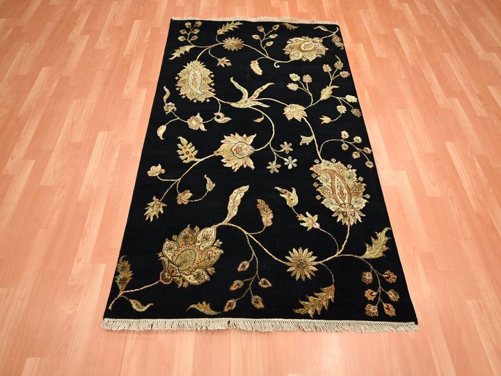 4'1" x 6'1" New Hand Knotted Black Wool & Silk Rectangle Oriental Rug - MOA10275608