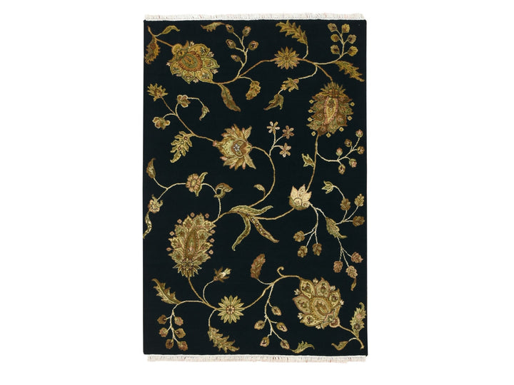 4'0" x 5'11" New Hand Knotted Black Wool & Silk Rectangle Oriental Rug - MOA10275609