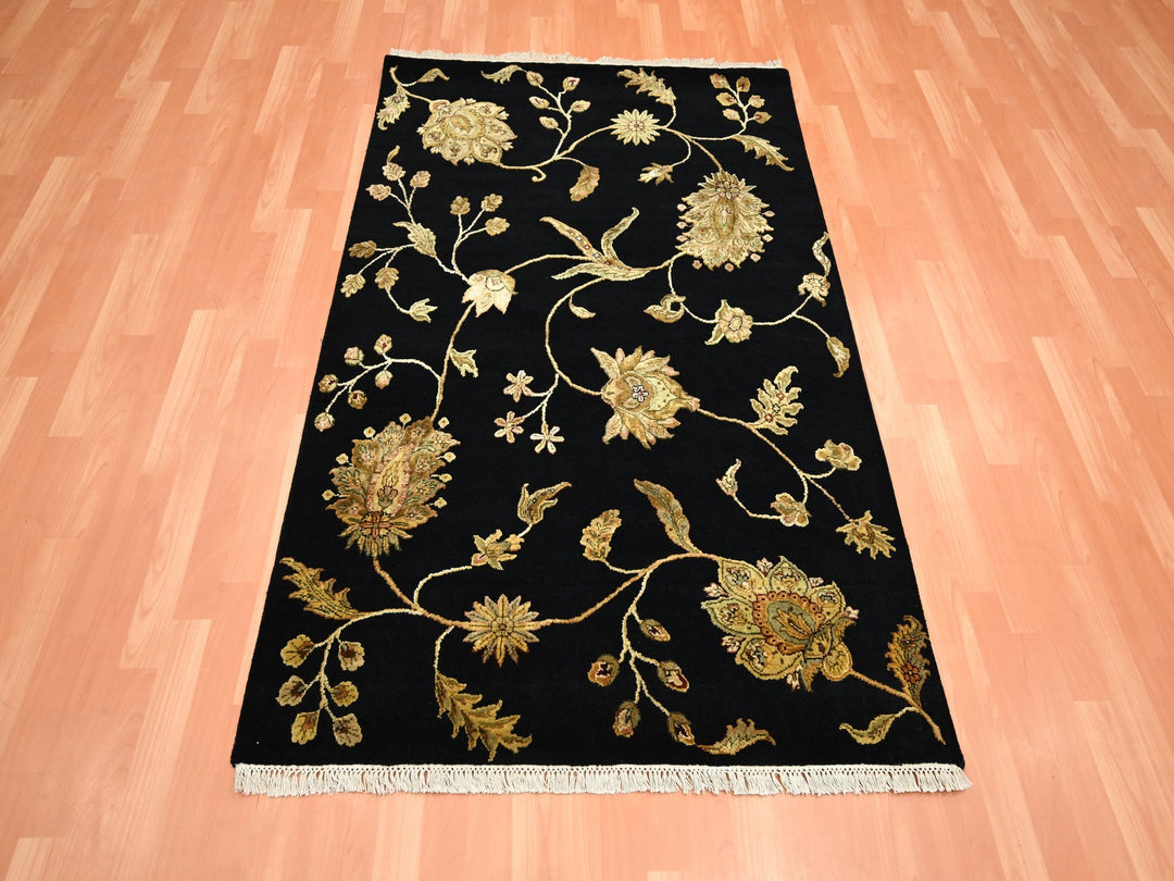 4'0" x 5'11" New Hand Knotted Black Wool & Silk Rectangle Oriental Rug - MOA10275609
