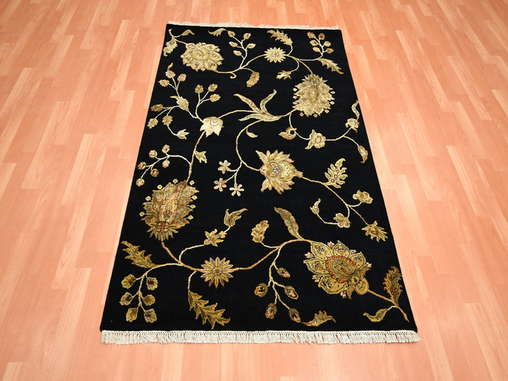 4'0" x 5'11" New Hand Knotted Black Wool & Silk Rectangle Oriental Rug - MOA10275609