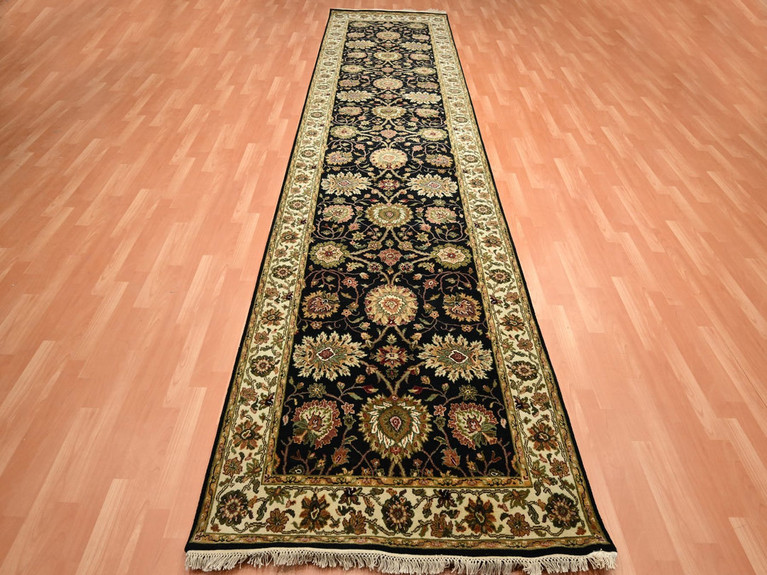 4'0" x 15'9" New Hand Knotted Black Wool & Silk Runner Oriental Rug - MOA10275610