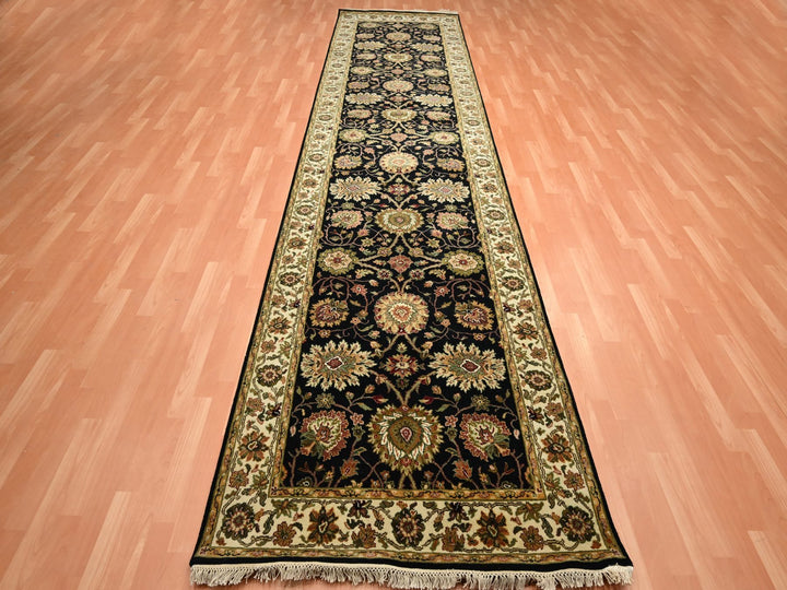 4'0" x 15'9" New Hand Knotted Black Wool & Silk Runner Oriental Rug - MOA10275610