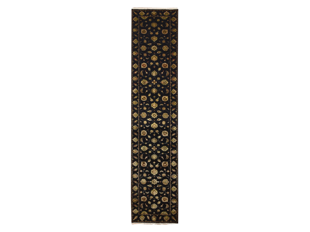 2'7" x 12'3" New Hand Knotted Black Wool & Silk Runner Oriental Rug - MOA10275611