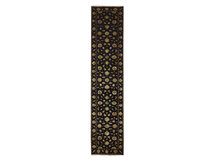 2'7" x 12'3" New Hand Knotted Black Wool & Silk Runner Oriental Rug - MOA10275611