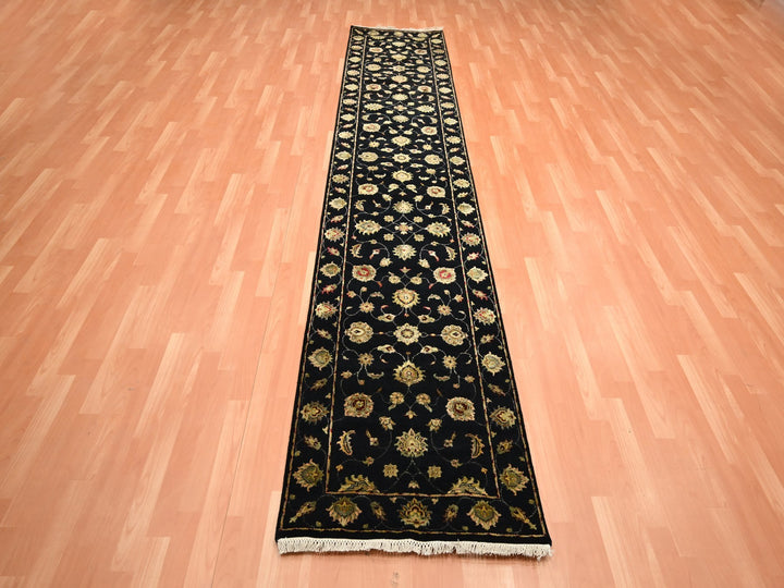 2'7" x 12'3" New Hand Knotted Black Wool & Silk Runner Oriental Rug - MOA10275611