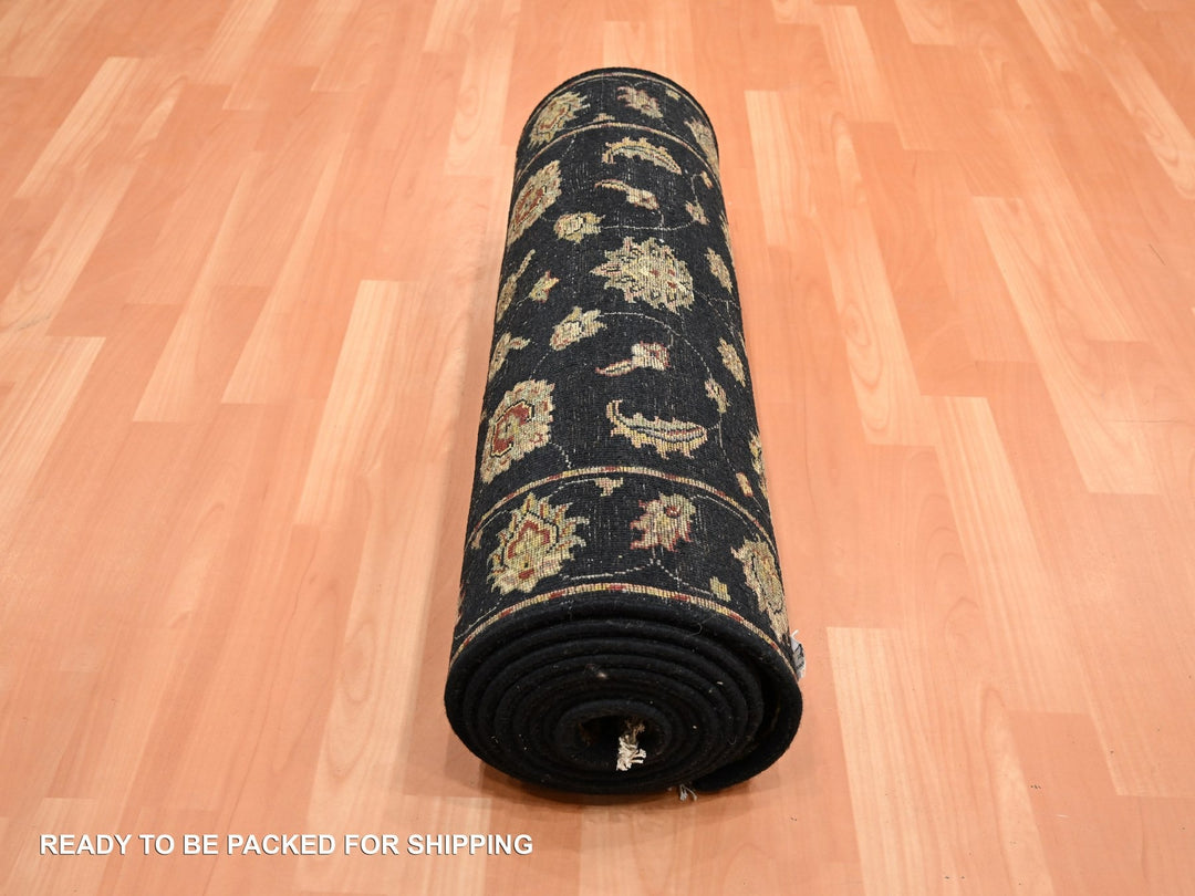 2'7" x 12'3" New Hand Knotted Black Wool & Silk Runner Oriental Rug - MOA10275611