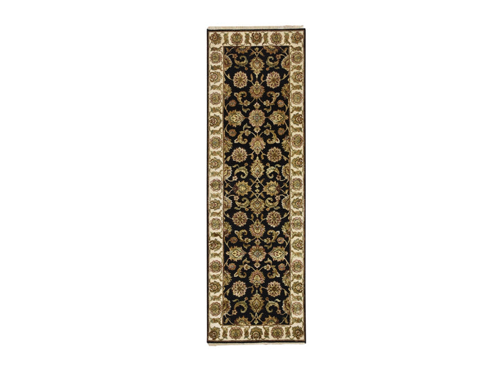 2'6" x 8'0" New Hand Knotted Black Wool & Silk Runner Oriental Rug - MOA10275614