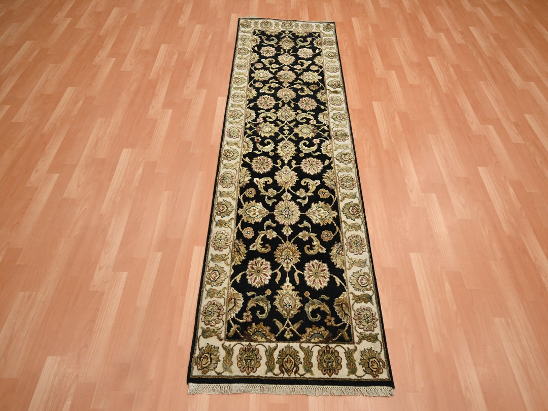 2'6" x 8'0" New Hand Knotted Black Wool & Silk Runner Oriental Rug - MOA10275614