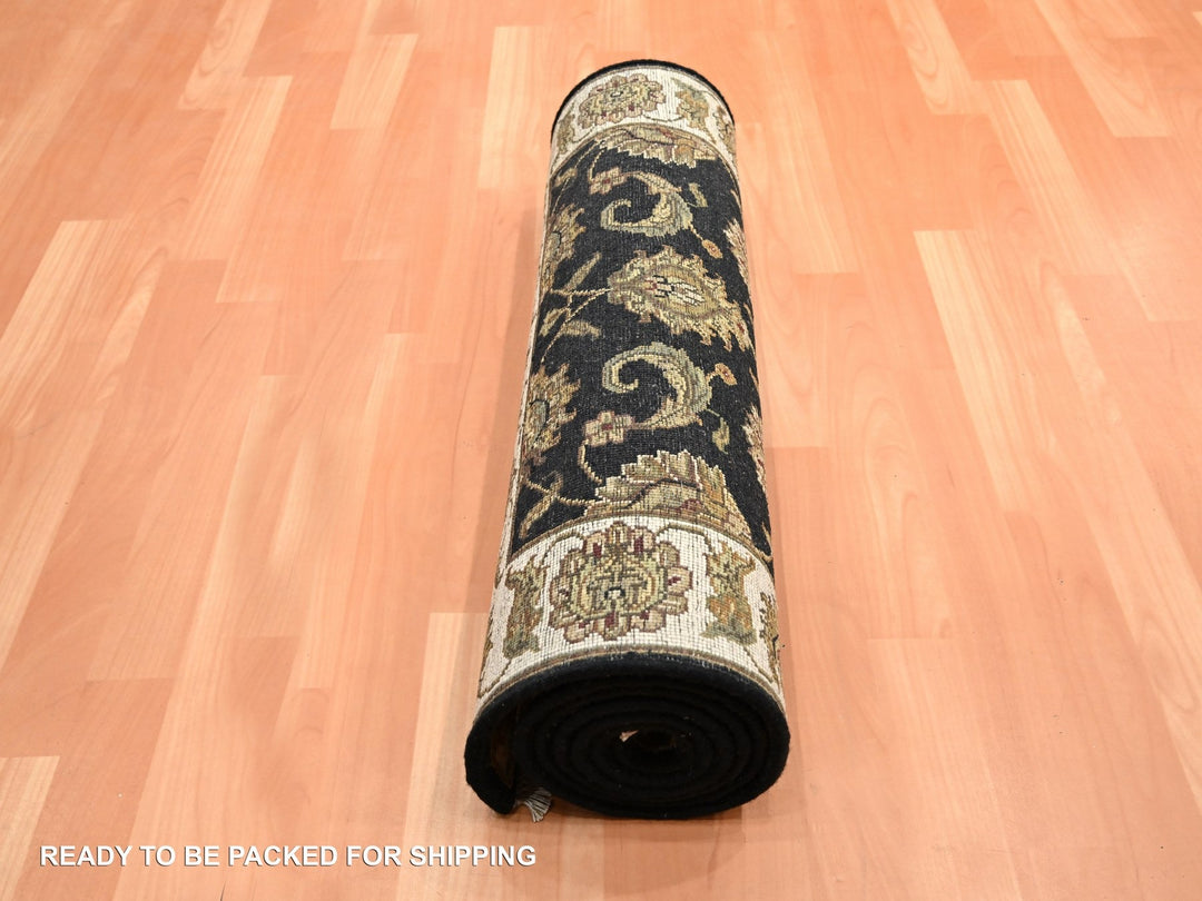 2'6" x 8'0" New Hand Knotted Black Wool & Silk Runner Oriental Rug - MOA10275614