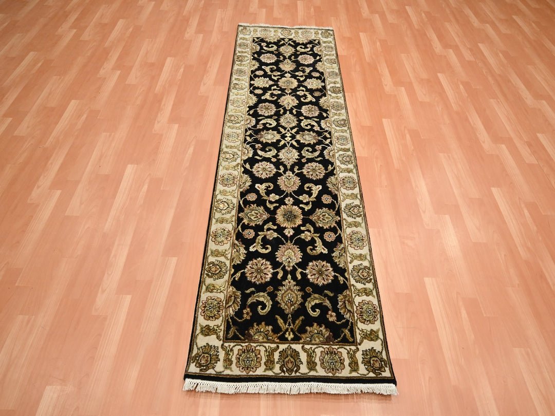 2'6" x 8'0" New Hand Knotted Black Wool & Silk Runner Oriental Rug - MOA10275619