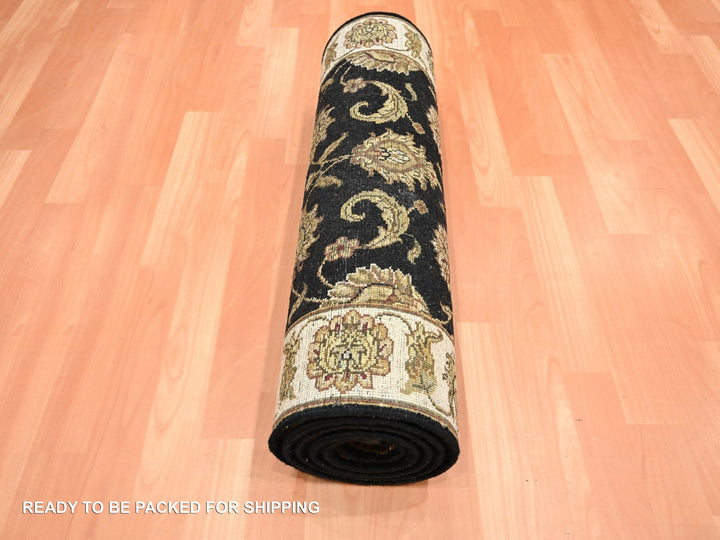 2'6" x 8'0" New Hand Knotted Black Wool & Silk Runner Oriental Rug - MOA10275619