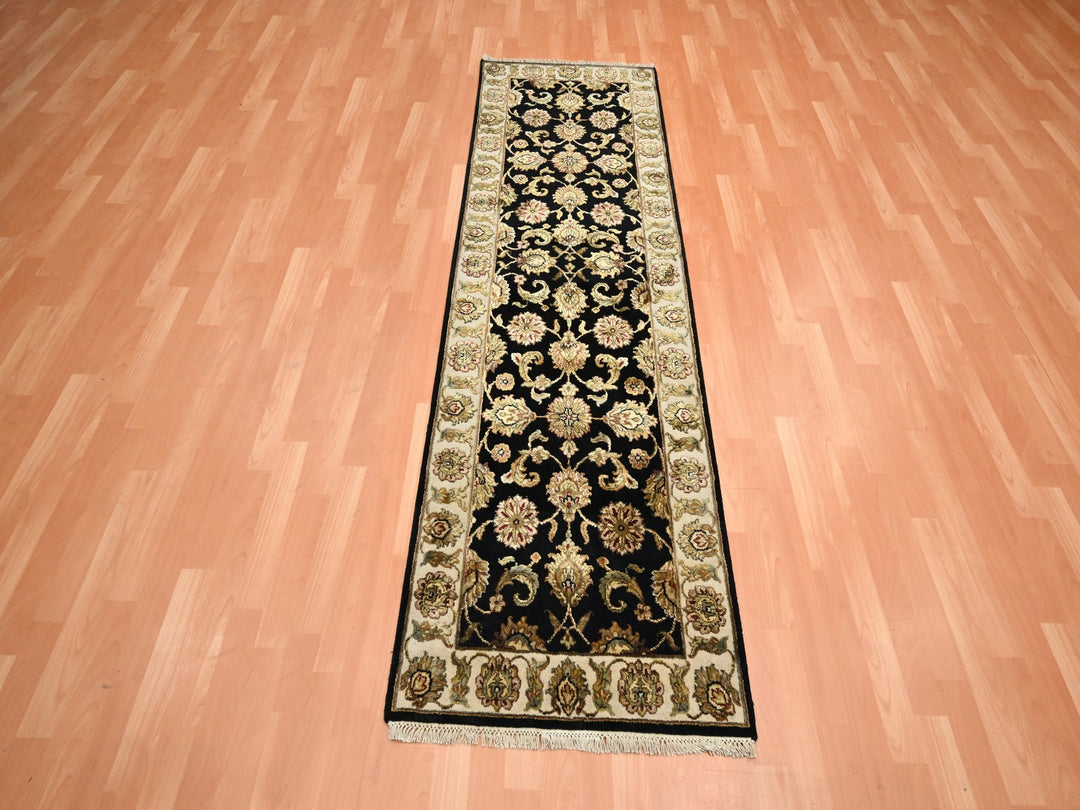 2'6" x 8'0" New Hand Knotted Black Wool & Silk Runner Oriental Rug - MOA10275624