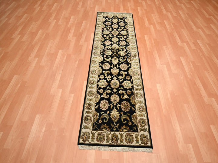 2'6" x 8'0" New Hand Knotted Black Wool & Silk Runner Oriental Rug - MOA10275624