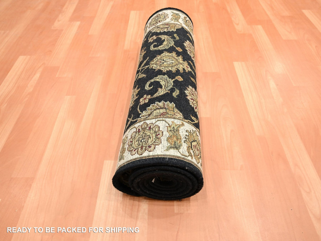 2'6" x 8'0" New Hand Knotted Black Wool & Silk Runner Oriental Rug - MOA10275624