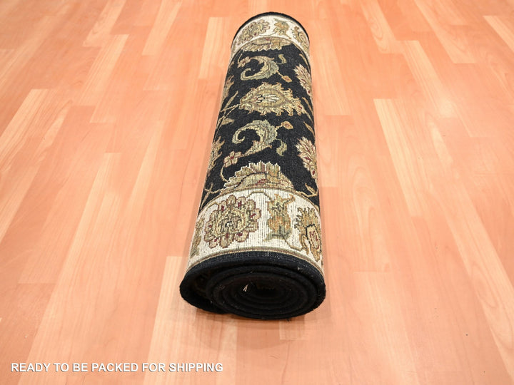 2'6" x 8'0" New Hand Knotted Black Wool & Silk Runner Oriental Rug - MOA10275624