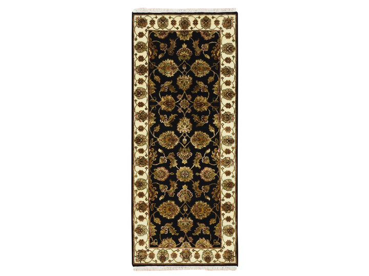 2'7" x 6'2" New Hand Knotted Black Wool & Silk Runner Oriental Rug - MOA10275625