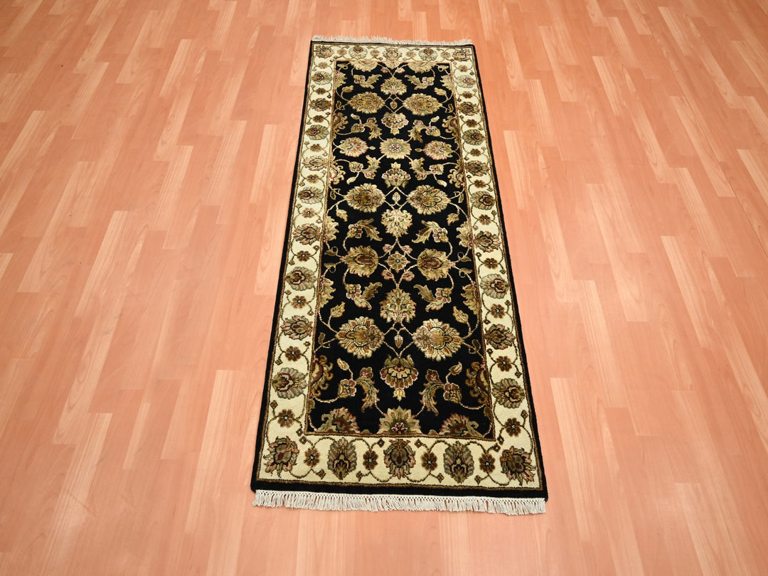 2'7" x 6'2" New Hand Knotted Black Wool & Silk Runner Oriental Rug - MOA10275625