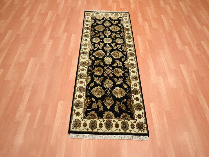 2'7" x 6'2" New Hand Knotted Black Wool & Silk Runner Oriental Rug - MOA10275625