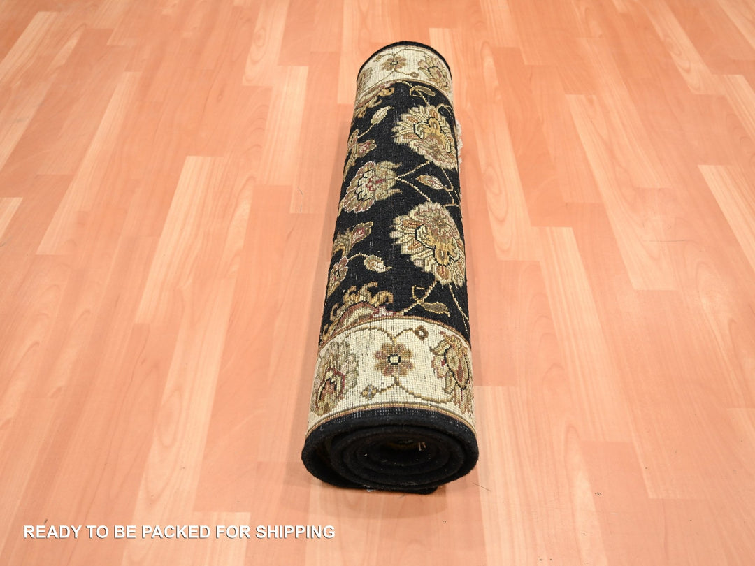 2'7" x 6'2" New Hand Knotted Black Wool & Silk Runner Oriental Rug - MOA10275625