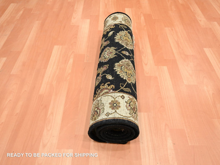 2'7" x 6'2" New Hand Knotted Black Wool & Silk Runner Oriental Rug - MOA10275625
