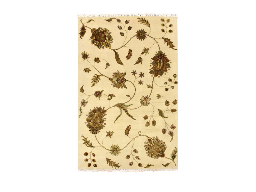 4'0" x 5'11" New Hand Knotted Ivory Wool & Silk Rectangle Oriental Rug - MOA10275631